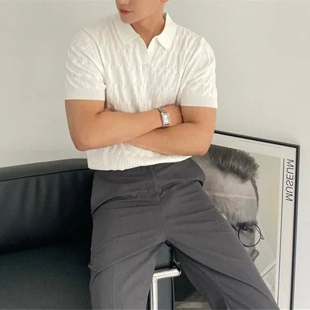 Men's Knit Polo Old Money Beige Knit T- Shirt