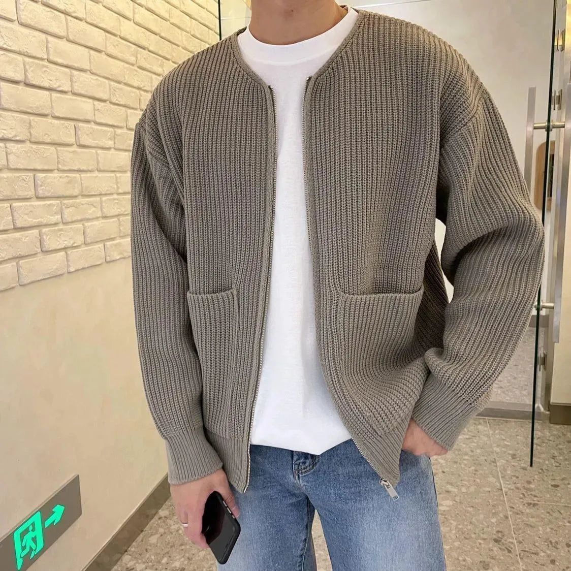 DEMIUR - Men Zip Up Knitted Cardigan Lined Sweater